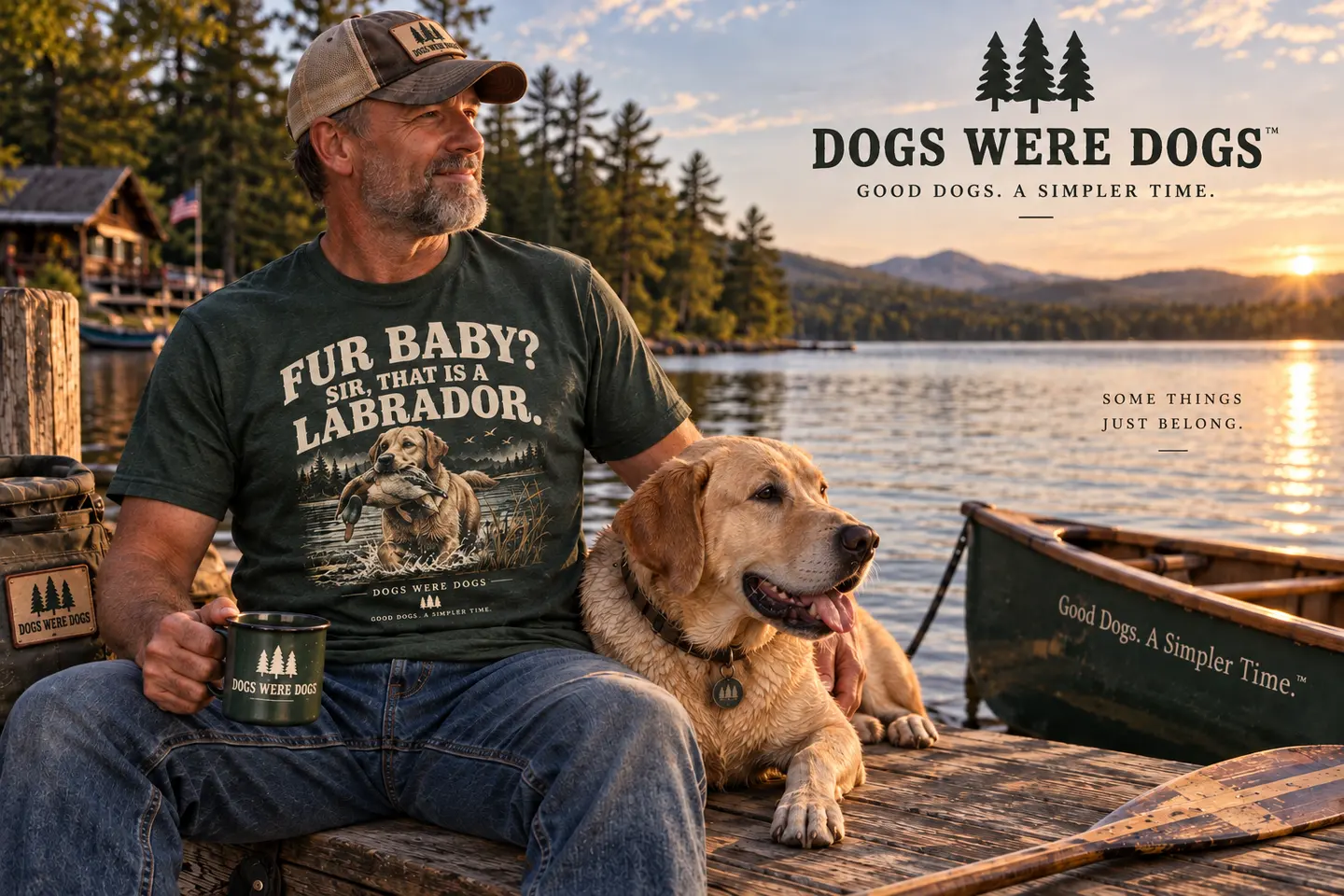A man and a yellow Labrador sitting together on a wooden dock at sunrise, a canoe tied alongside, pine-covered mountains across the lake.