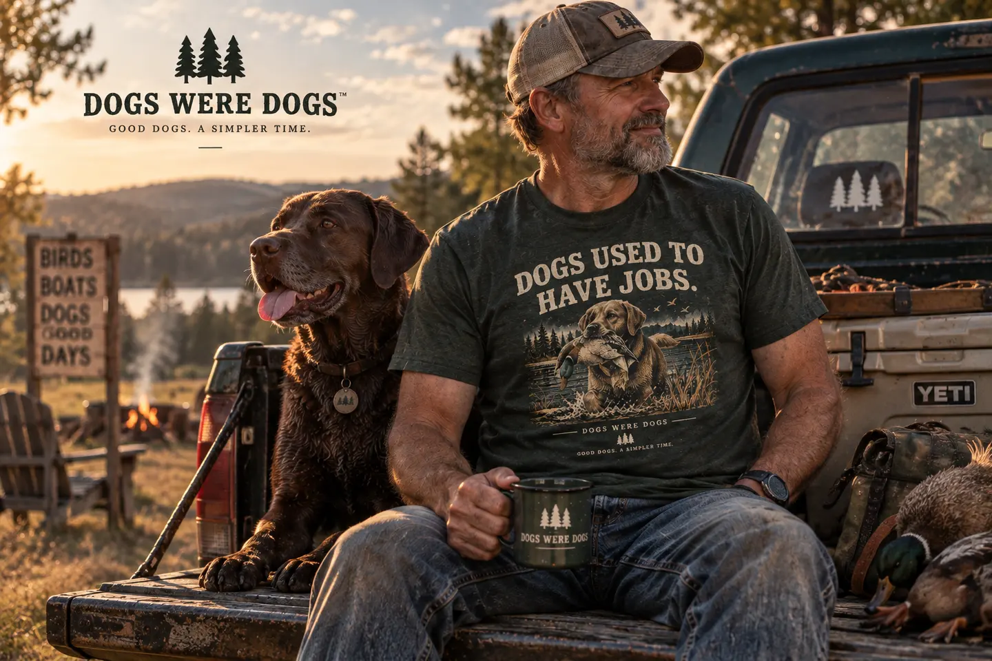 An old pickup at a lakeside campsite at golden hour, tailgate down, a black Labrador standing in the bed, pines and mountains across the water.
