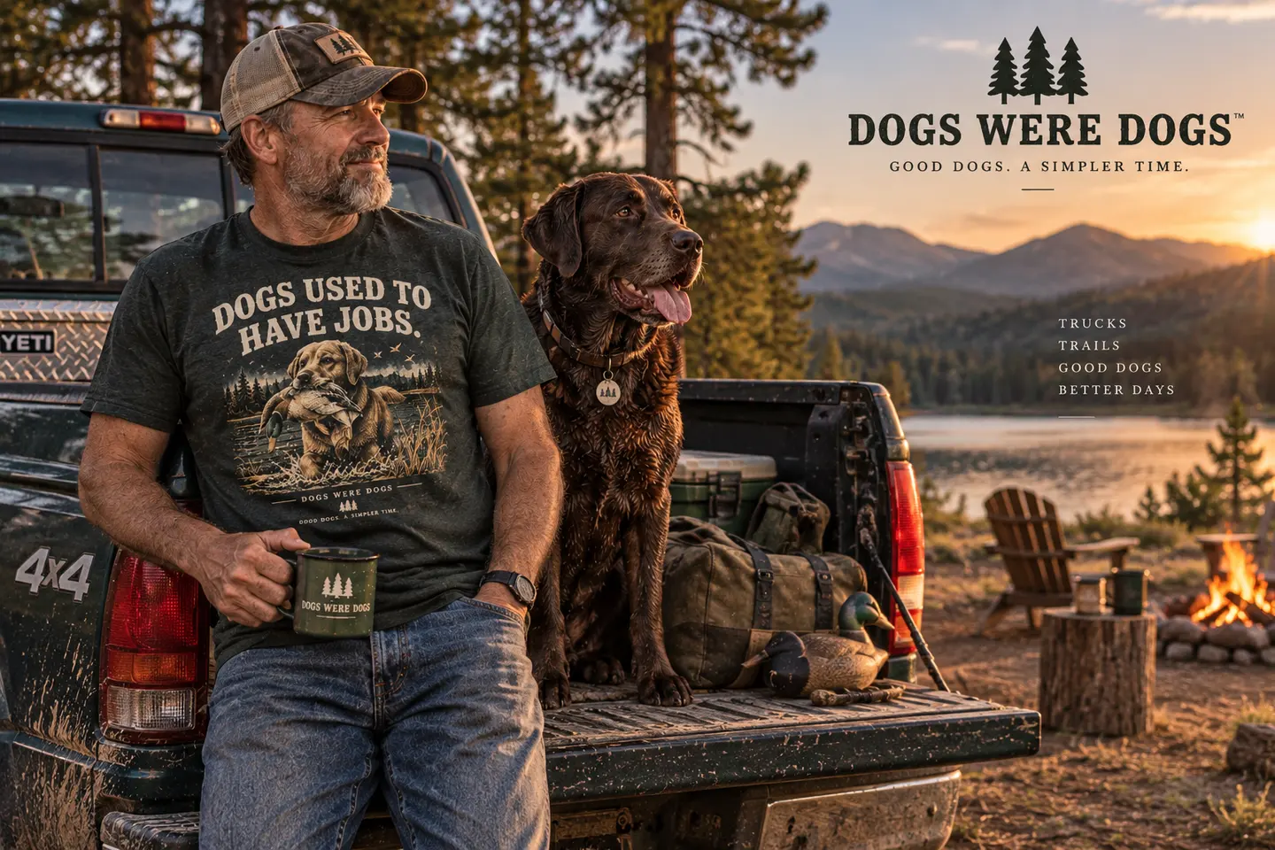 A man leaning against the tailgate of an old pickup with a chocolate Labrador sitting in the bed, campfire and Adirondack chairs beside a mountain lake at sunset.