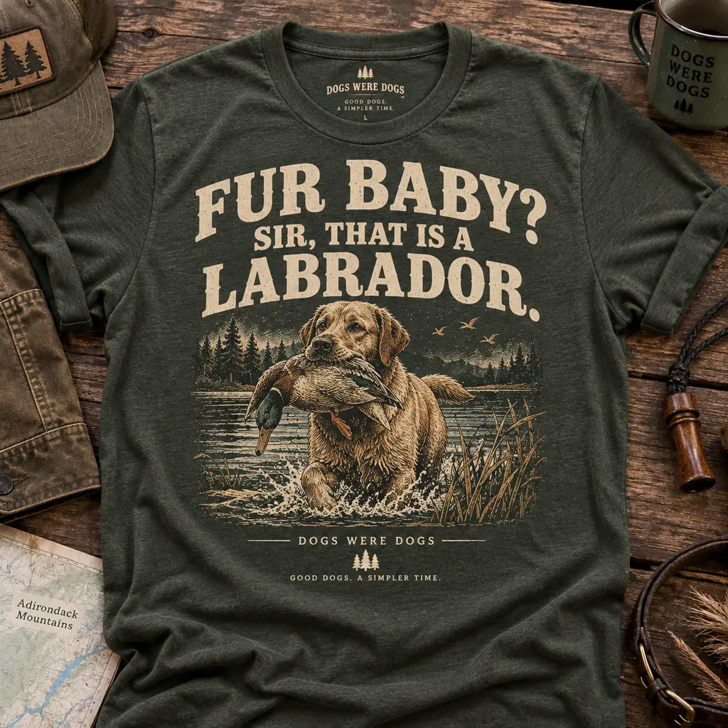 Fur Baby? Sir, That Is a Labrador t-shirt in heather forest green, printed with a yellow Labrador bounding through water with a duck, laid flat on weathered wood.