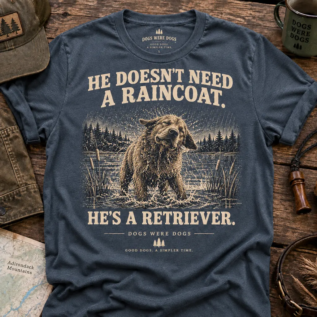He Doesn’t Need a Raincoat t-shirt in heather weathered blue, printed with a Labrador shaking off in shallow water beneath a low gray treeline, laid flat on weathered wood.