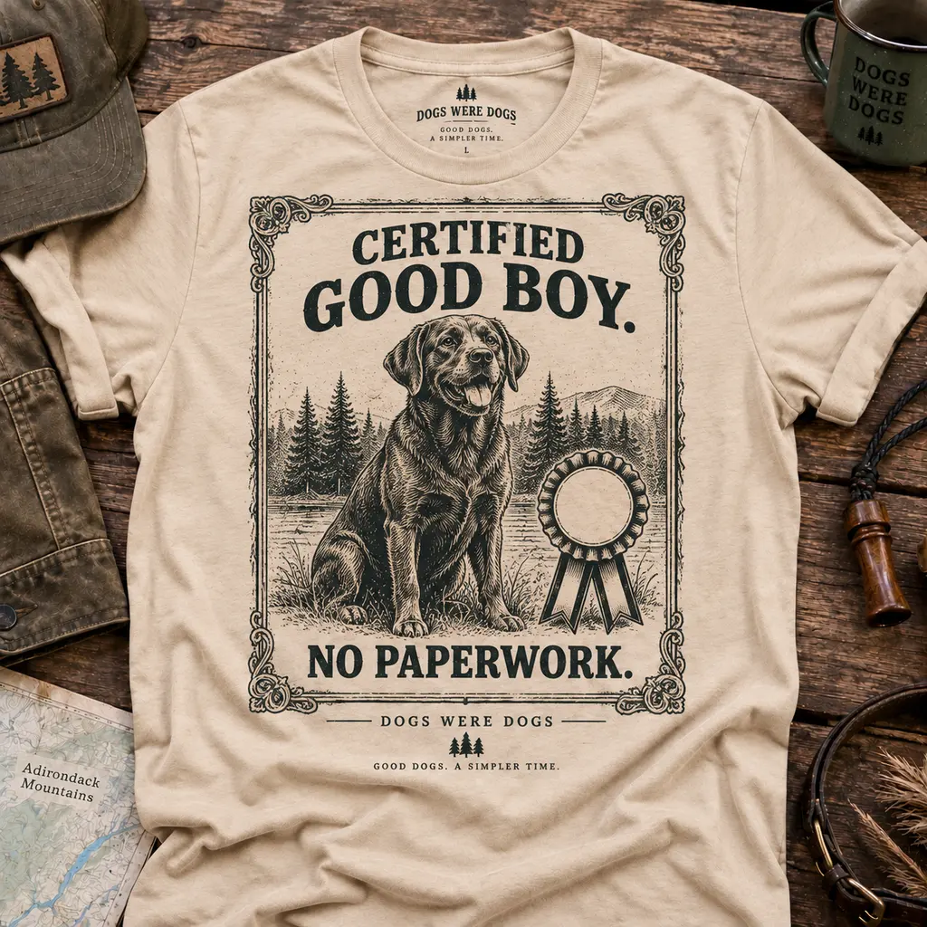 Certified Good Boy t-shirt in cream, printed with a mock award certificate — engraved border, ribbon rosette and a seated Labrador portrait at the center — laid flat on weathered wood.