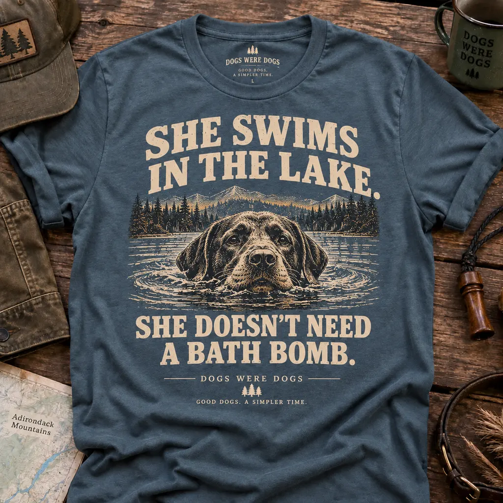 She Swims in the Lake t-shirt in heather lake blue, printed with an engraved Labrador swimming toward the viewer with ripples spreading outward, laid flat on weathered wood.