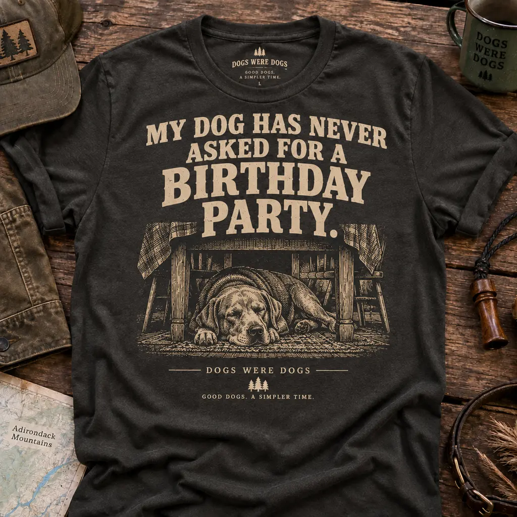 My Dog Has Never Asked for a Birthday Party t-shirt in heather charcoal, typography-led with a small engraved dog asleep under a kitchen table beneath, laid flat on weathered wood.