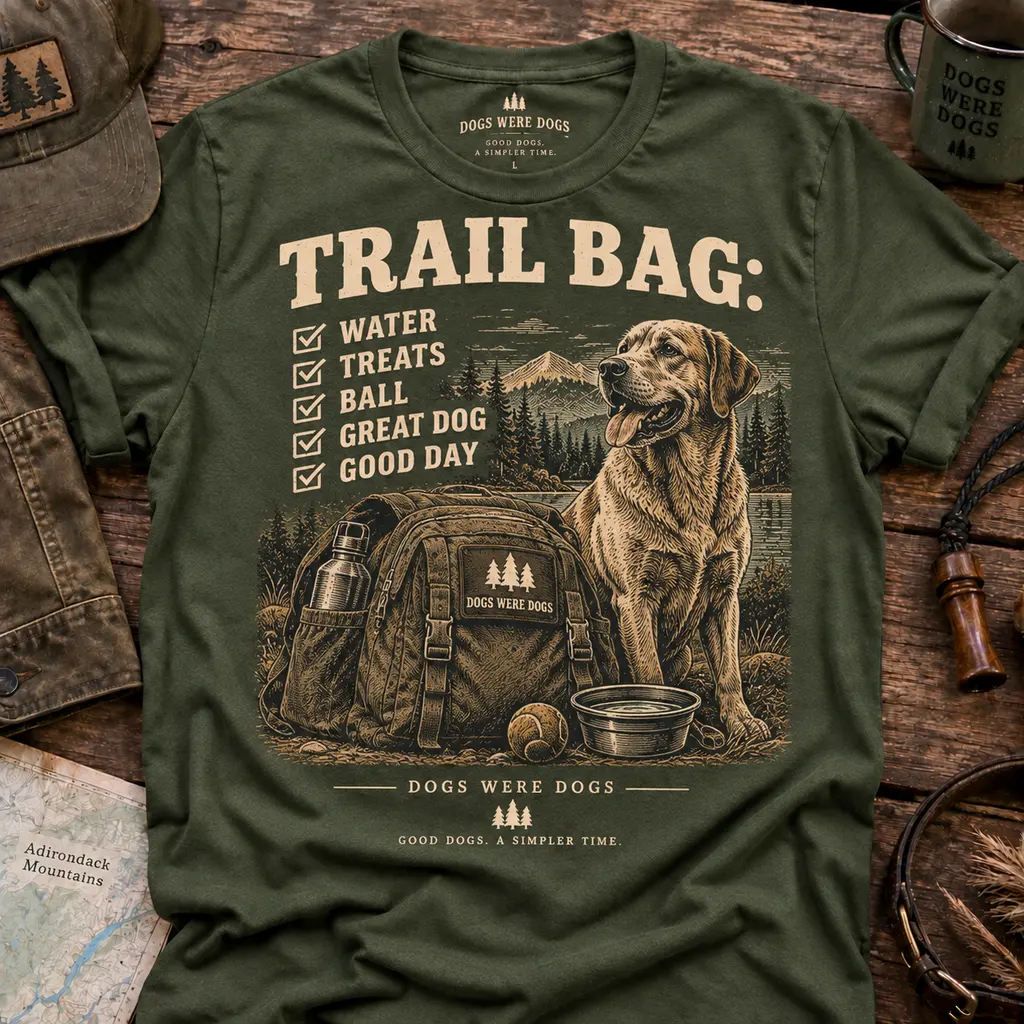 Nobody Is Coming Back for That Bag t-shirt in heather forest green, printed with an engraved landscape of a narrow trail between tall pines and a single small tied bag hanging from a low branch, laid flat on weathered wood.